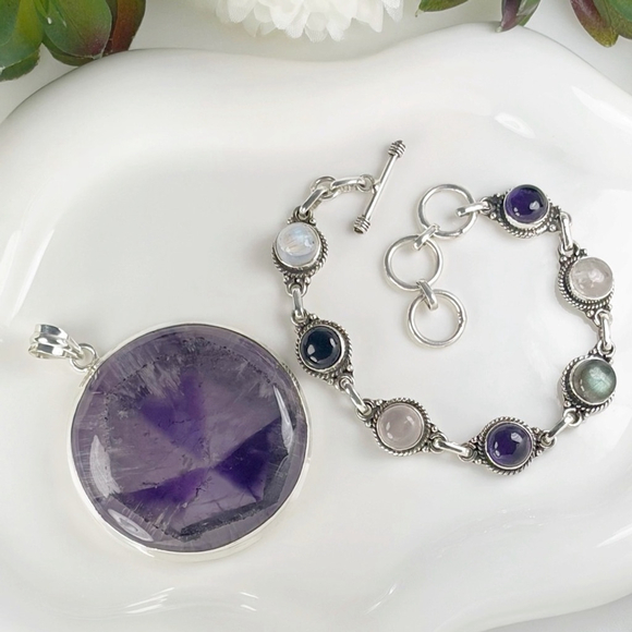 Handmade Jewelry - Sterling Silver 925 Jewelry Set Star Amethyst Pendant & Multi Bracelet